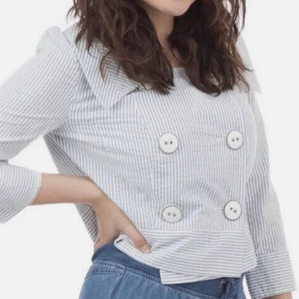 Anthropologie Daughters of the Liberation Seersucker Cropped Pea Coat .